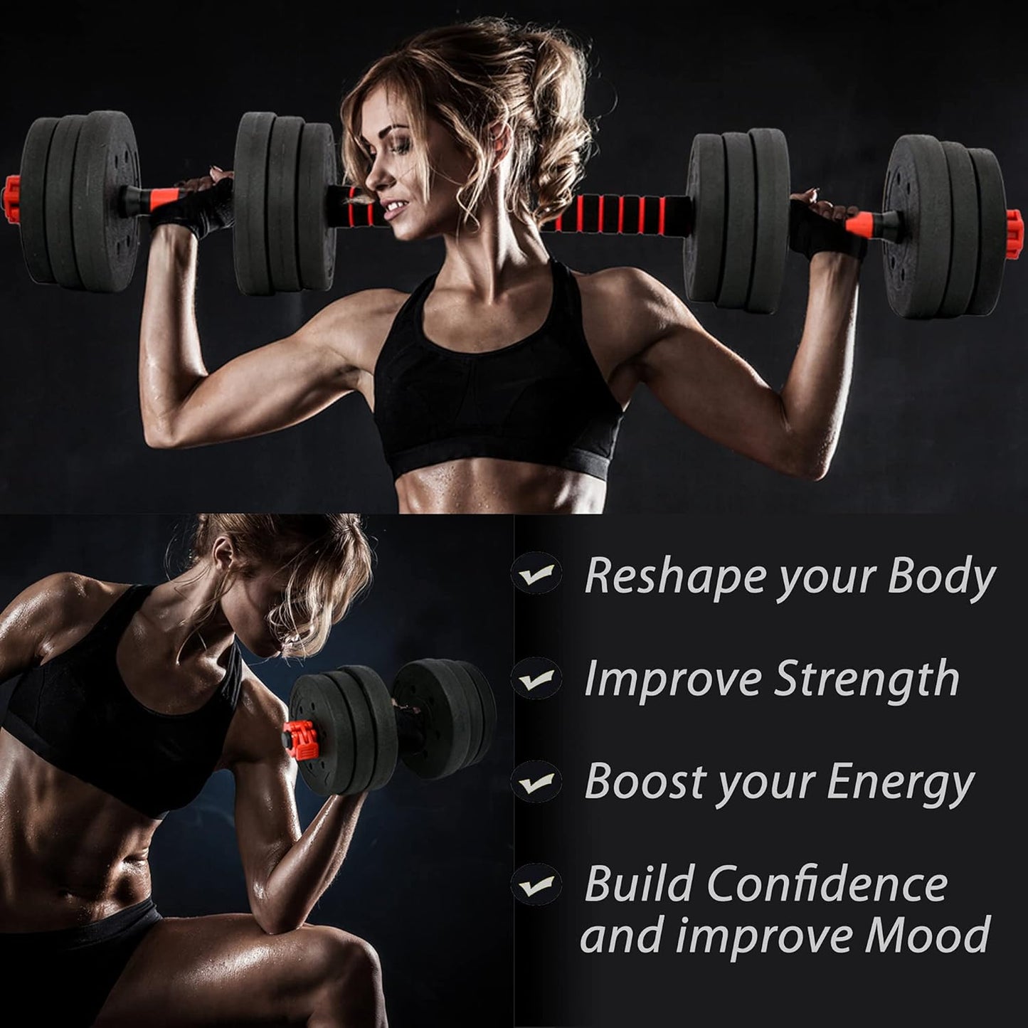 Adjustable Dumbbells Set - 33Lbs, 44Lbs, 66Lbs Weights with Barbell Connecting Rod - Weight Set for Home Gym